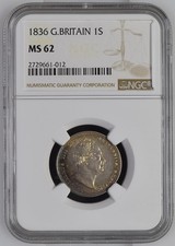 GREAT BRITAIN WILLIAM IV  1836  1 SHILLING COIN UNCIRCULATED NGC CERTIFIED MS62