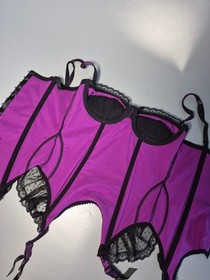 Agent Provocateur Purple Satin Corset Bustier | Polka Dot Mesh Lingerie US 34B
