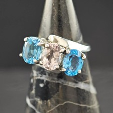 Natural Amethyst Topaz Three-Stone Sterling Silver Ring Size 6 3/4