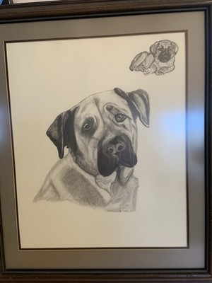 Drawing of A Dog by P. A. Schmidt. Framed Signed and Dated 1988. Vintage Art