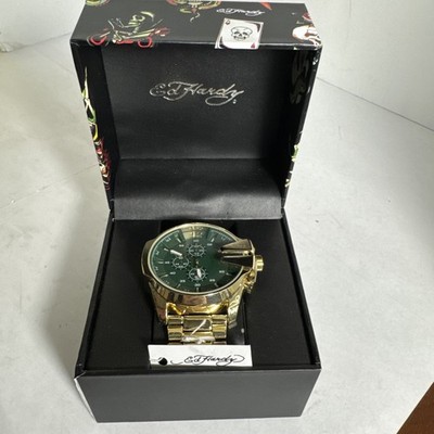 Ed Hardy Mens Watch Chronograph Stainless Steel Band green face