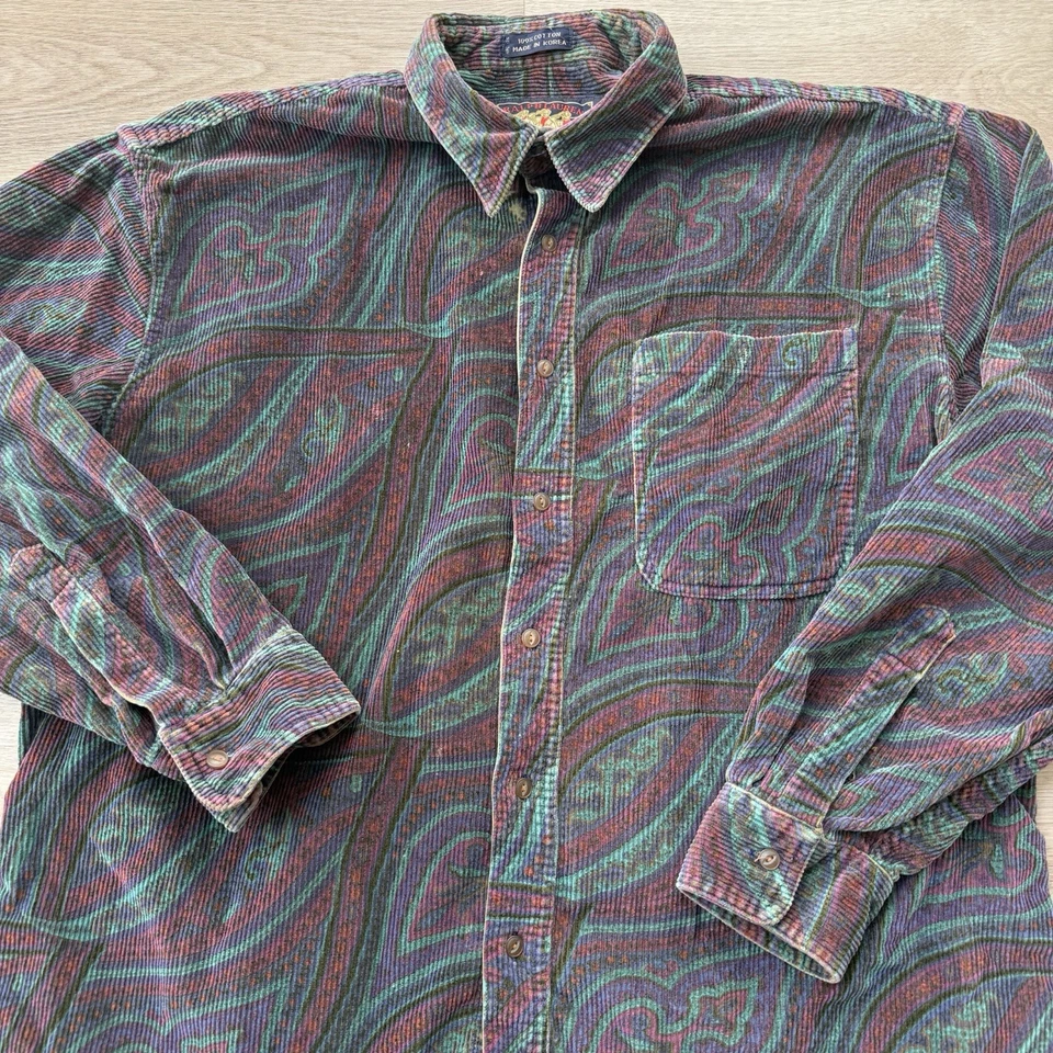 Vintage 90s Ralph Lauren Men XL Thick Corduroy Cotton Paisley Chaps Button Shirt - Image 3 of 4