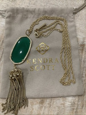 AUTHENTIC Kendra Scott RAYNE Pendant Green Chalcedony Gold Long Tassel Necklace