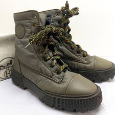 Auth HERMES Women's Fresh Short Boots Size EU36 US6 Khaki Green Nylon Logo