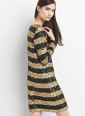 Gap Womens Long Sleeve Sequin Shift Dress Black & Gold Size M