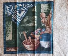 #3 "Memories of Home" Cotton Fabric Panel Crock, Utensils, Yarn    11"x11"