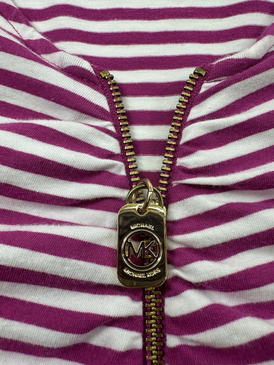 【9/7まで】 MICHAEL KORS ホワイト ピンタックトップ　XS 長袖 Michael Kors White Pink Stripe 1/4 Zip Top V Neck Women's XS