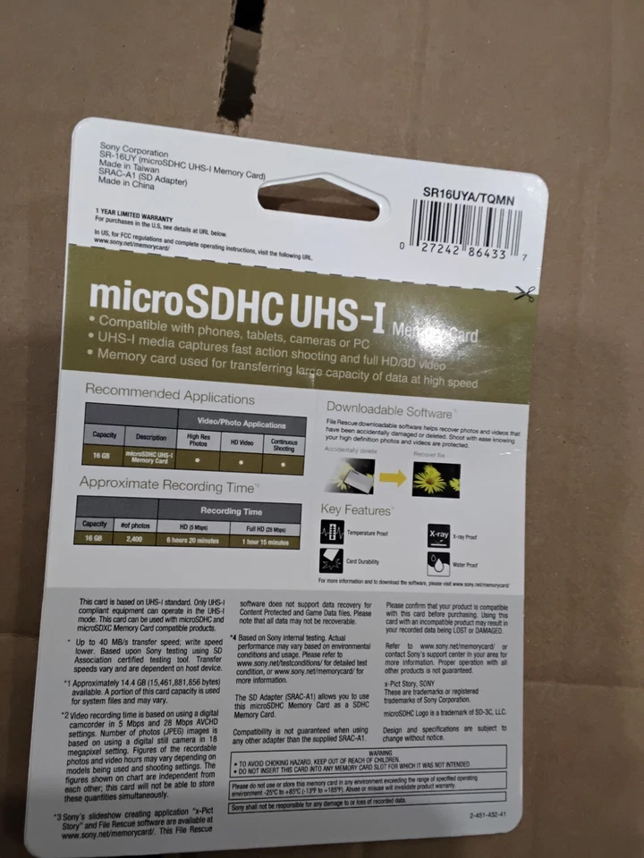 Sony 16GB microSDHC Class 10 UHS-1 Memory Card with microSD Adapter SR16UYA/TQMN - Image 2 of 2
