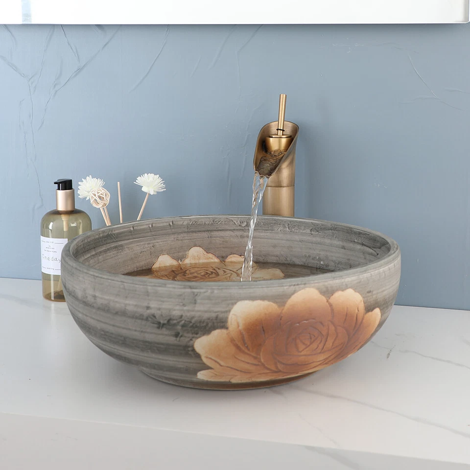 16" Pintura a Mano Baño Redondo Cerámica Lavabo Recipiente Fregadero Cascada Grifo Drenaje Foto 3 de 4