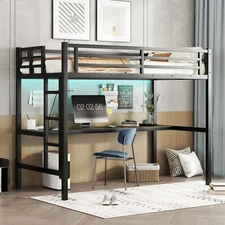 Metal Bed Frame Twin XL Size Loft Bed with Power Outlet and LED Lighted Black