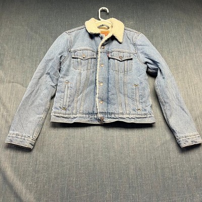 Levi's Women's Trucker Jacket Size S Blue Sherpa Lined Denim Jean Fleece Coat