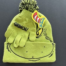 Dr Seuss THE GRINCH knit beanie cap Hat Gloves Officially licensed Pom pom