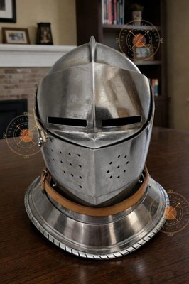Mittelalter Roa Bascinet Helm Stahl Ritterrüstung mit Visier & Kettenhemd LAR...