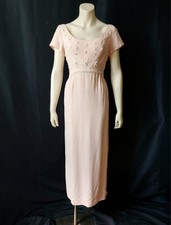 BEAUTIFUL BEADED PINK Vintage 1960s Empire Waist COLUMN Formal GOWN DRESS M