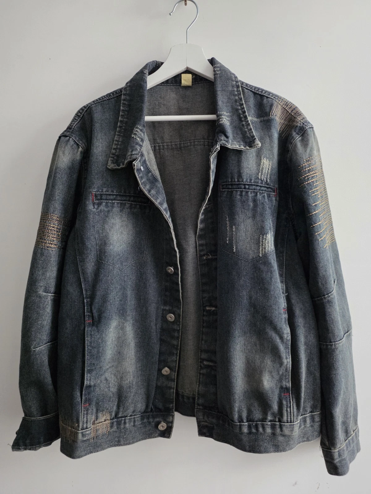 Vintage Style Washed Denim Jacket Size XL Men's Blue Distressed Embroidered