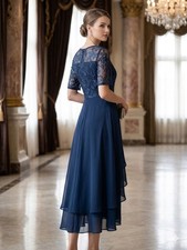navy lace chiffon midi dress floral embroidery pleated short sleeve zip