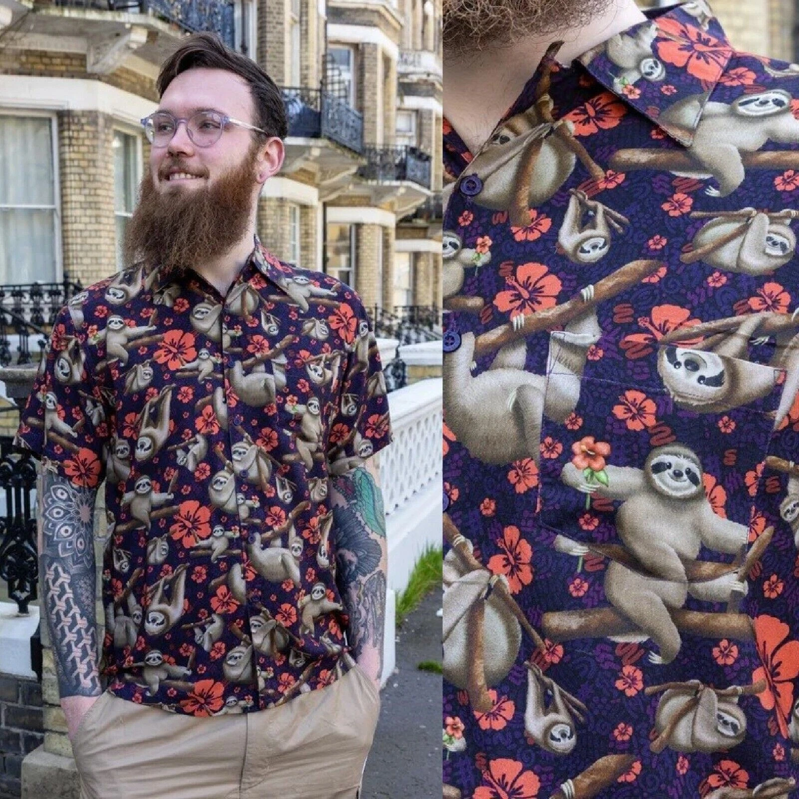 RUN AND FLY Island Time Sloth Print Shirt Tropical Hawaiian S-3XL Cute Quirky