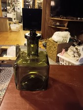 HEAVY SQUARE GREEN GLASS DECANTER W/ STOPPER. 1352