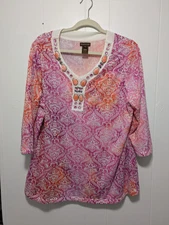 Multiples Woman Plus Size 1x Pink Orange Rhinestone Accent Knit Top