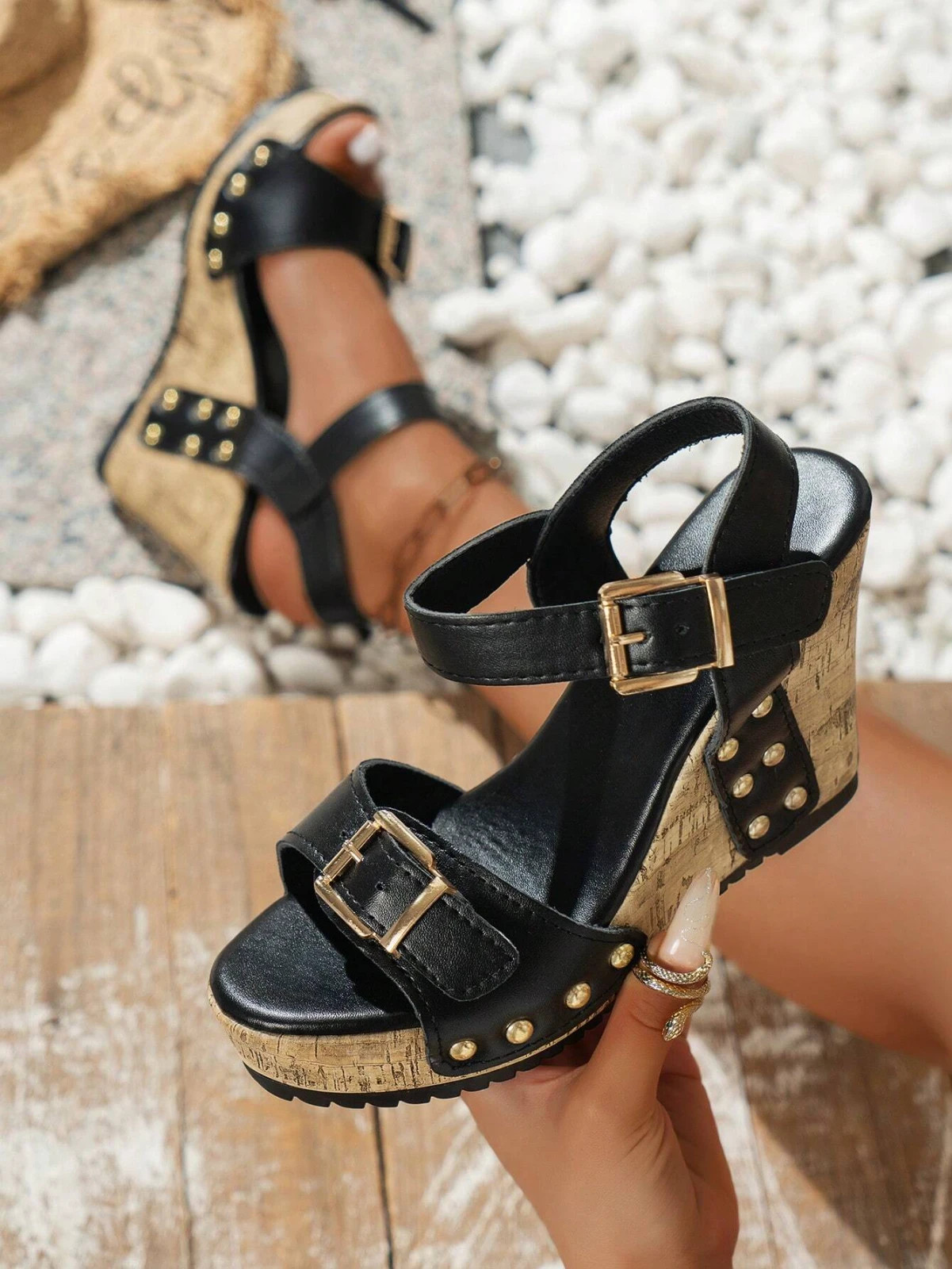 Sandalias de plataforma de cuña para mujer con correa de remache punta abierta zapatos de verano informales romanos