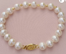 Charming Natural AAAA Akoya Round White Pearl Bracelet 14k Yellow Gold 7.5-8" L