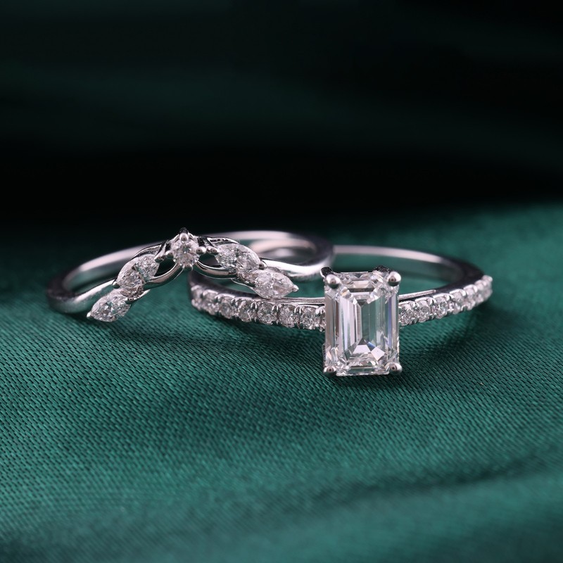 1.34 Ct Lab-Grown Diamond Emerald Cut Solitaire Bridal Ring Set 9K White Gold