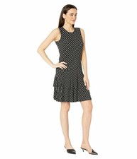 Michael Kors SM Tiered Ruffle Fit Flare Stretch Jersey Dress Black White Print