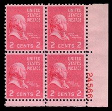 US Scott # 806, John Adams, Plate Block of (4) 1938 2¢ Stamps, MNH
