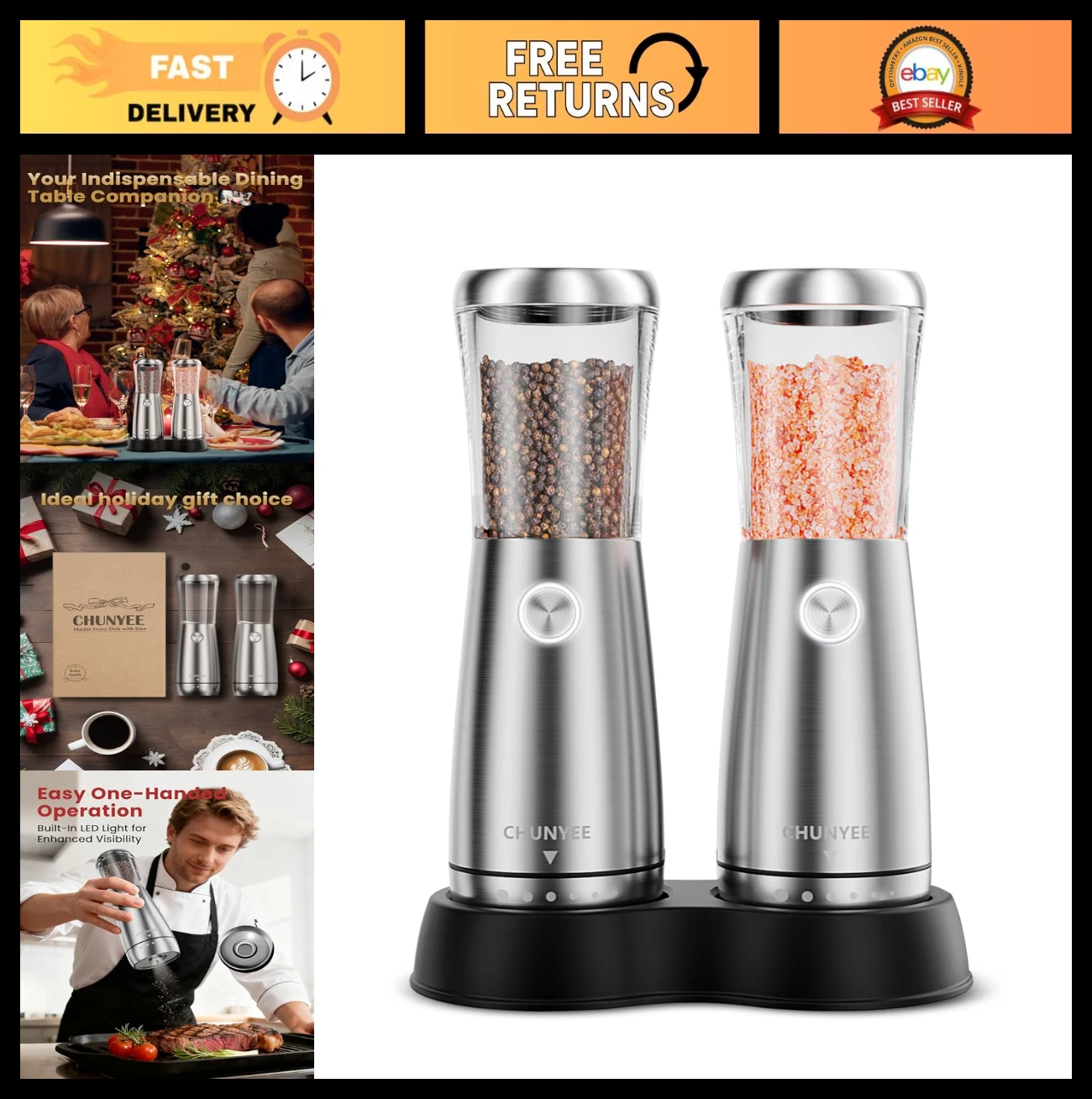 Automatic Stainless Steel Electric Salt & Pepper Grinder Set - Rechargeable, LED