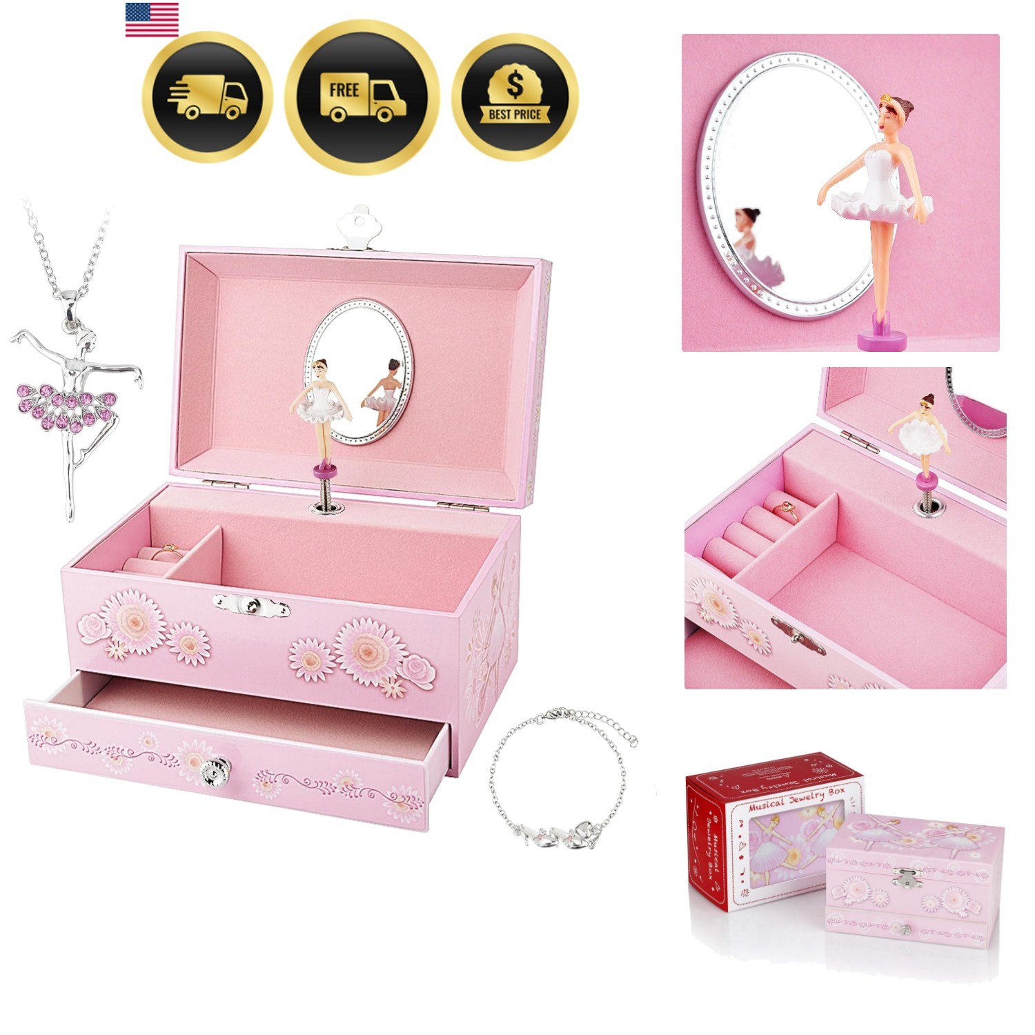 Joyero musical infantil para niñas con cajón y conjunto de joyas con bailarina...