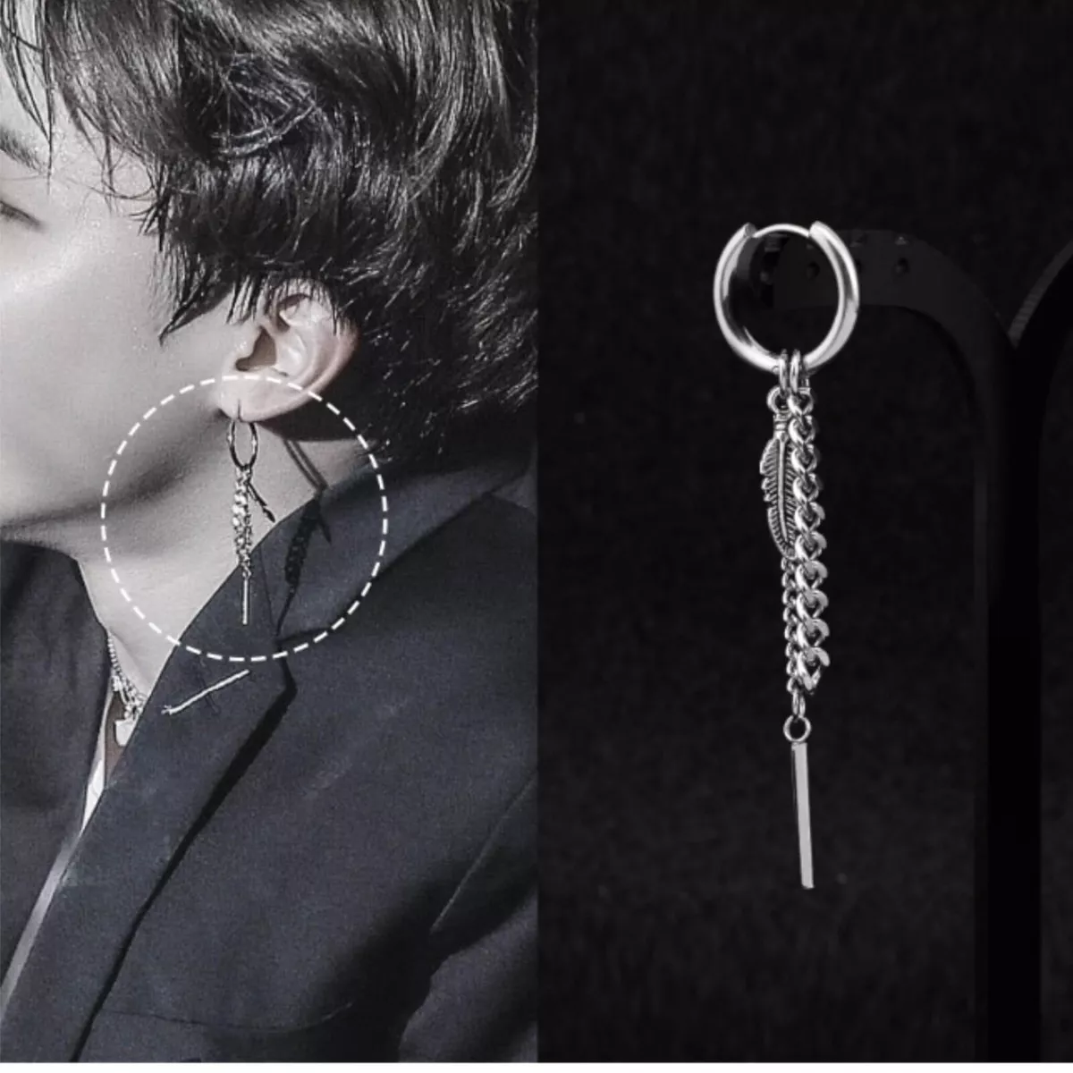 Kpop Idol BTS Jimin Surgical steel Feather Chain Earring Ear clip