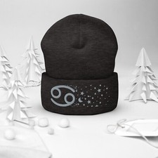 Cancer Crab in the Stars Knit Beanie - Cozy Knit Hat  Dark Grey
