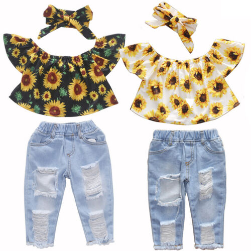 Toddler Baby Girl 3pcs Clothes Sunflower T-Shirt Top +Ripped Jeans Pants Set - Picture 1 of 13