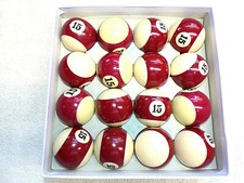 15 BILLIARD BALLS BOX OF 16 REGULATION SIZE 2 1/4" WEIGHT MAROON/WHITE STRIPE