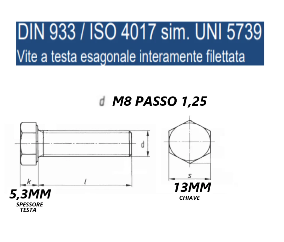 VITI M8 IN ACCIAIO INOX BULLONI TESTA ESAGONALE COMPLETI DI DADO E RONDELLA - Immagine 3 di 4