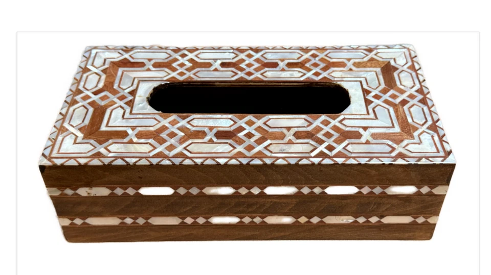 Caja de pañuelos de lujo, caja de pañuelos de madera hecha a mano, nácar e incrustación de piedras preciosas Foto 2 de 4