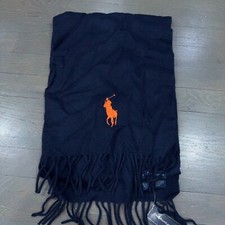 Ralph Lauren Mens 100 Lamb's Wool Scarf Navy Blue Orange Pony New