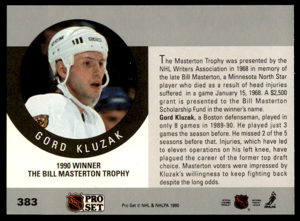 The Bill Masterton Trophy 1990-91 Pro Set Insert Card #383 Gord Kluzak - Image 2 of 2