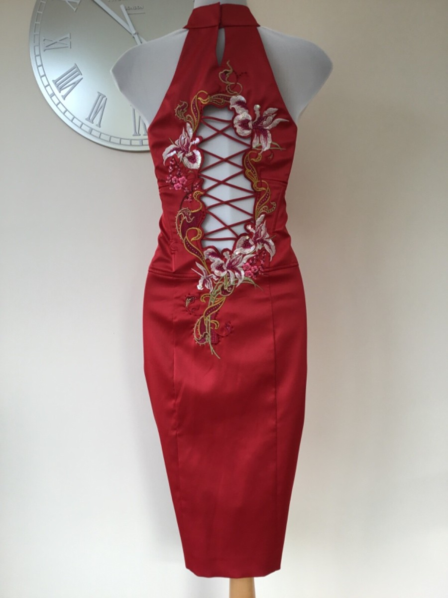 💕KAREN MILLEN 10 UK VINTAGE RED ORIENTAL STYLE EMBROIDERED