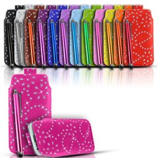 DIAMOND BLING LEATHER PULL TAB CASE COVER POUCH & STYLUS FOR VARIOUS PHONES
