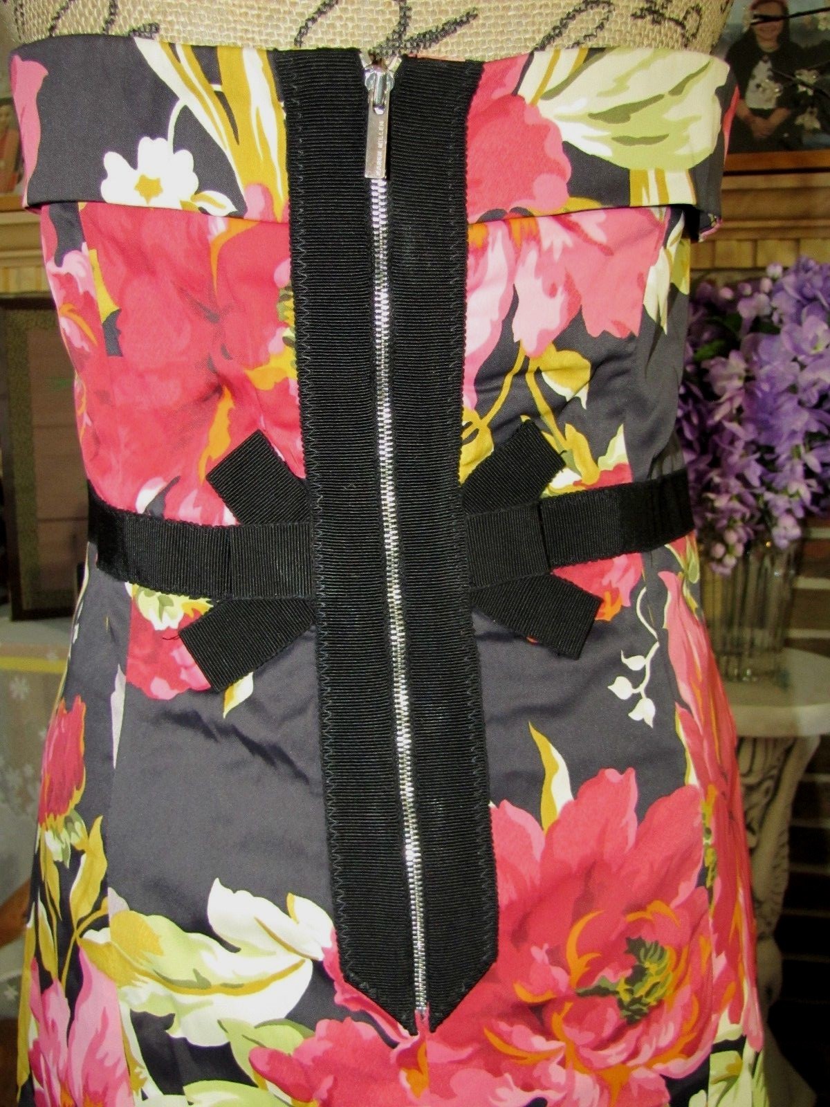 KAREN MILLEN  RARE NAVY BLUE & TROPICAL PRINT CORSET DRESS SZ 16  US 12! image 5