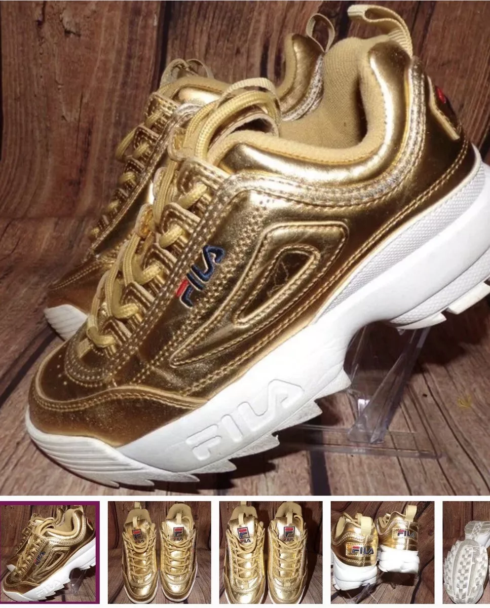 NWT Fila Disruptor Women's Shoes  White and gold sneakers, Fila