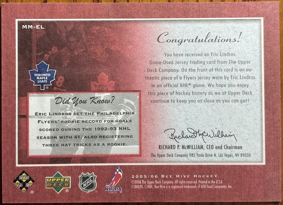 2005-06 Beehive Matted Materials Eric Lindros #MM-EL Toronto Maple Leafs - Image 2 of 2