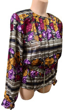 Vintage pleated front silk blouse button up back floral semi sheer size M/L 
