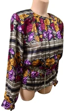 Vintage pleated front silk blouse button up back floral semi sheer size M/L?