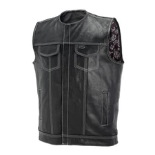 Men SOA Club Style Collarless Biker Motorcycle Concealed Carry Leather Vest