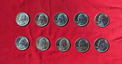 lot of 10  Washington Quarters 1964 90% silver in uncirculated condition