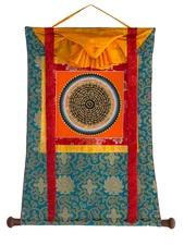 HAND-PAINTED OM MANTRA MANDALA TIBETAN THANGKA/THANKA PAINTING WITH SILK BROCADE