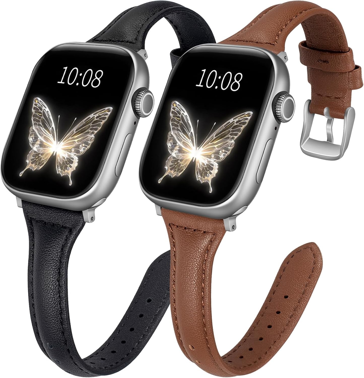 2 Pack Slim Leather Strap Compatible with Apple Watch Series 11 38mm 40mm