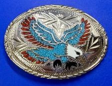 Southwestern Eagle Turquoise Coral Stone Inlaid Handcrafted SSI Belt Buckle